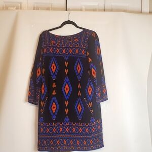 Lucky Brand Size S wide neck colorful 3/4 Sl Aztec print midi dress